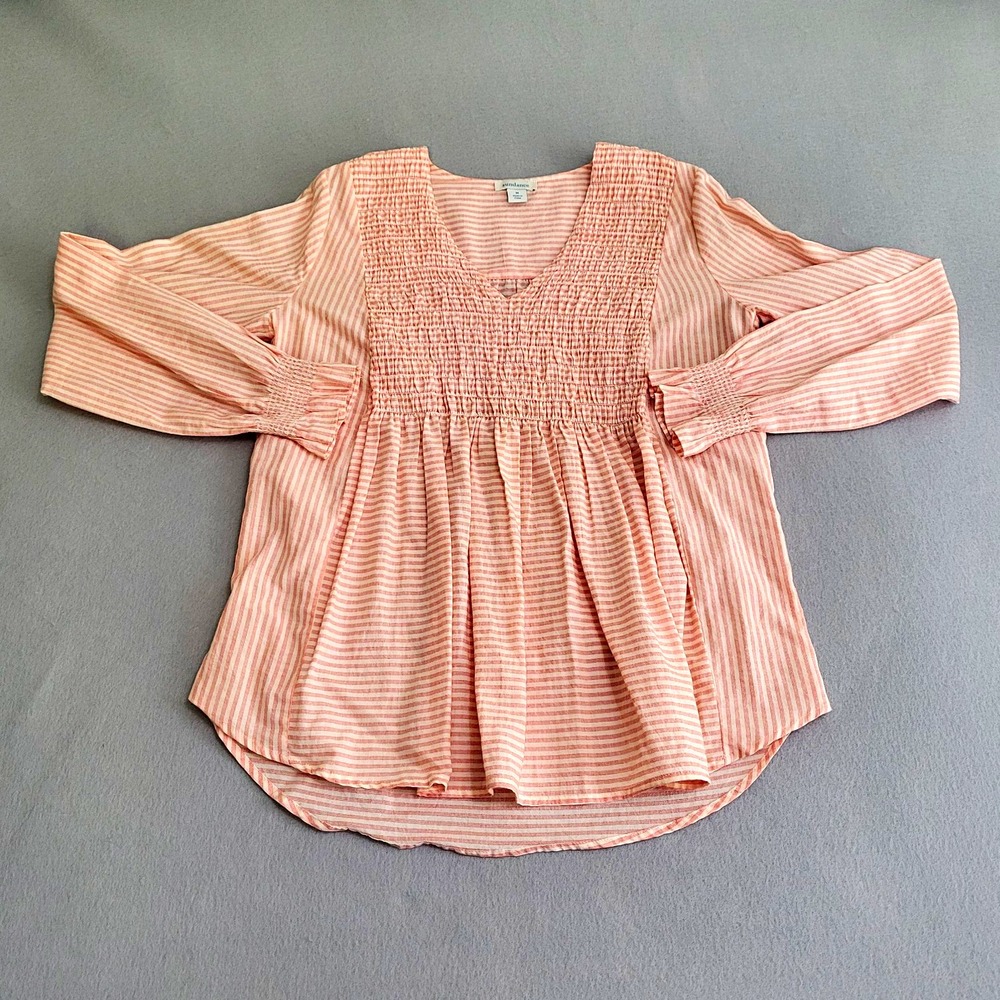 Sundance Long Sleeve Striped Smocked V-Neck Tunic Blouse Shirt Women's Size M